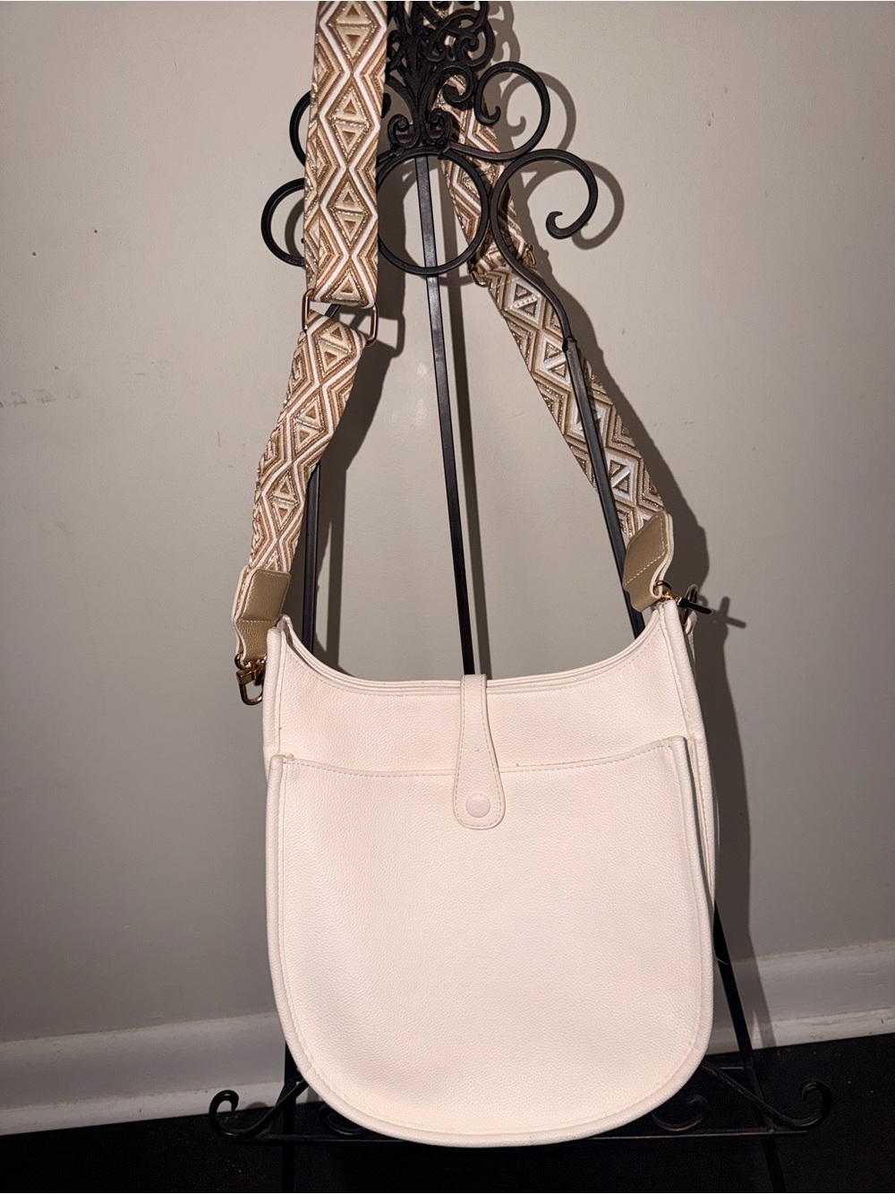 Women’s White Crossbody Bag with Patterned Strap